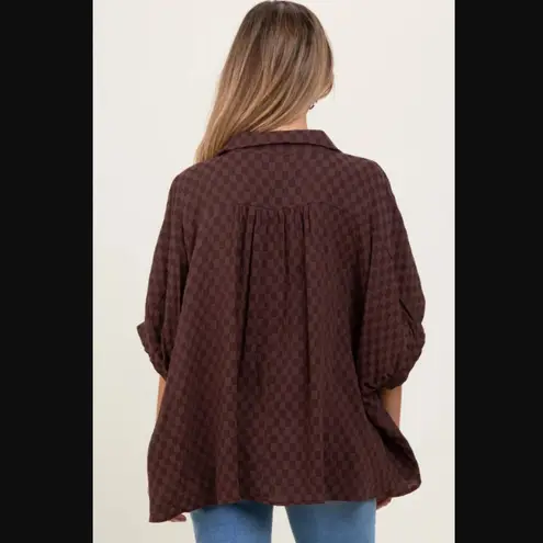 Pinkblush  Anniewear Brown Checker Short Sleeve Oversized Maternity Blouse S NWT