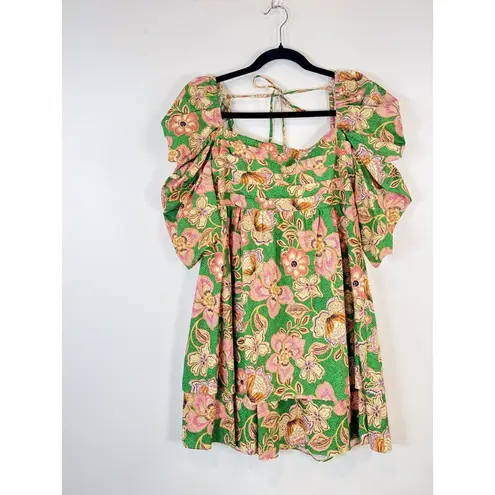 Misa Dress Green Kate Mini Ruched Puffed Floral Pintuck Tie Back A Line Boho XS