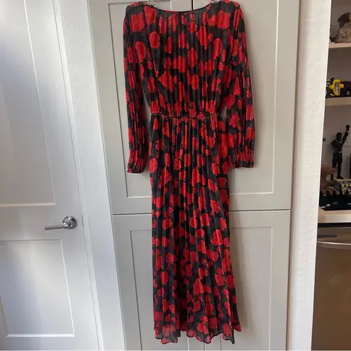 The Kooples  Floral Pleated Black Red Absract Roses Maxi Longsleeve Dress Scarf