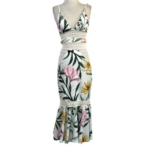 PatBO JAsmin Fitted Midi Dress in White 0 New Womens Floral Resort Green