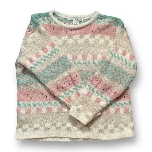 Vintage 90s Sweater Oatmeal Light Pink Mohair Open Weave Checkered Crewneck Knit Tan Size L