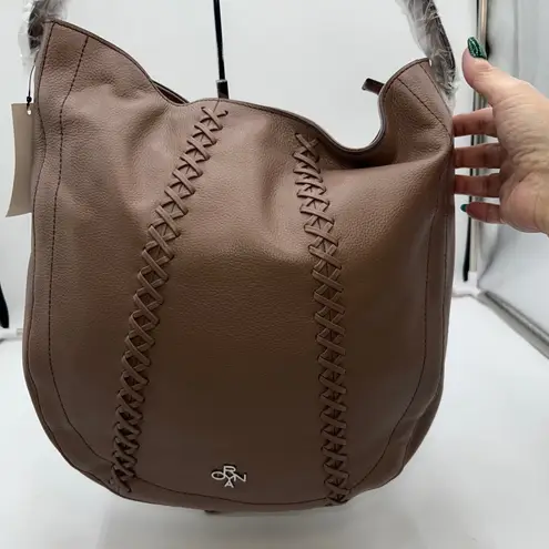 OR YANY Taupe Leather Hobo Shoulder Bag Braided Detail Top Zip Exterior Pocket Brown