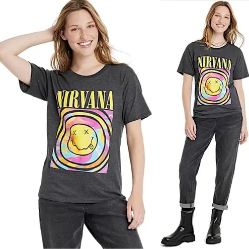 Nirvana Dazed Smiley Tie Dye Graphic Band Tee Short Sleeve T-Shirt Rainbow