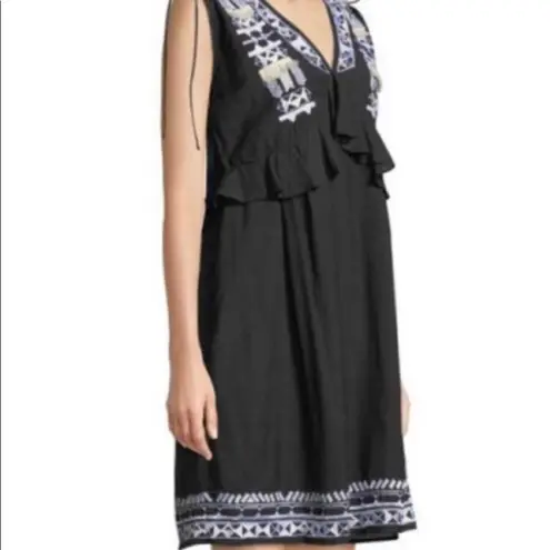 Catherine Malandrino Black Cotton Ruffle Boho Embroidered Shift Dress Large NWT
