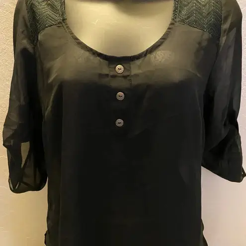 American Dream Women's XS Sheer Black 3/4 Sleeve Blouse Lace Chevron Tunic Top