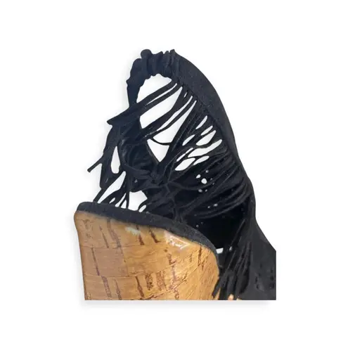 Olivia Miller š Fringe Peep Toe Cutout Cork Wedge Sandals š Black Microsuede š