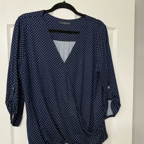 West Kei  Blue Polka Dot Wrap Front Roll Tab Sleeve Sz XL Womens High-low Blouse