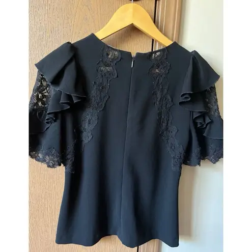 Rebecca Taylor Black V-Neck Short Lace Sleeve Fitted Top Blouse 6 - Fits Small
