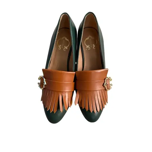 C WONDER Colorblock Green Tan Loafers Heels Size 7.5