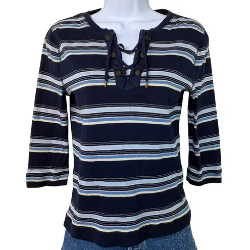 Vintage LRL Lauren Jeans Co Ralph Lauren Striped Lace Up 3/4 Sleeve Top Women S Blue