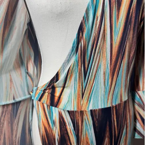 Veronica M Dress Women L ZigZag Orange Blue Wrap Style Bell Sleeve Stretch Party