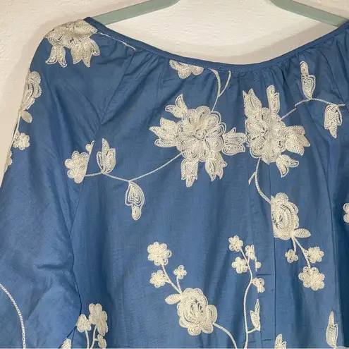 Cal Style L Blouse 100% Cotton Blue Floral Embroidered Tassels Size L