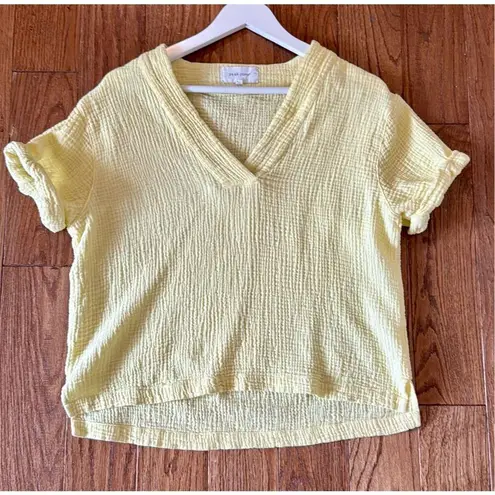 Dear John yellow gauze rolled cuff vneck top size M