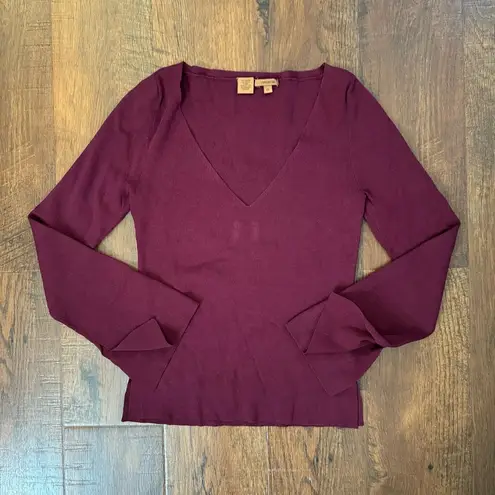 Arden B bell sleeve burgundy, V neck top, size M