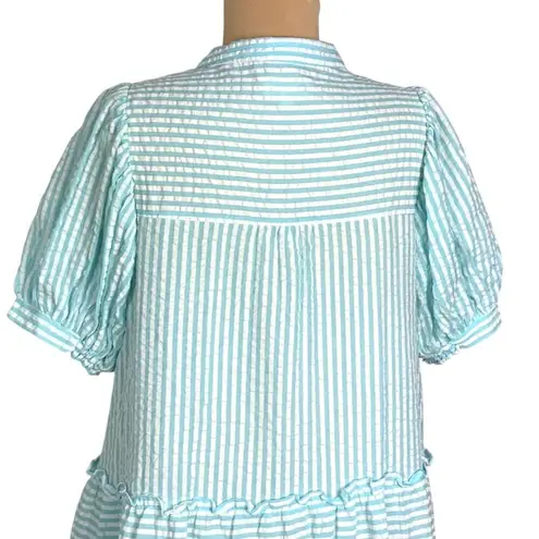&merci &merci Aqua White Striped Seersucker Tiered Mini Dress S Half Button Puff Sleeve