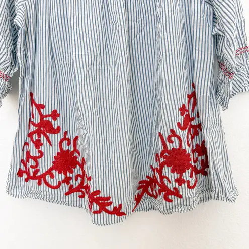 Westport Womens Blouse Sz 2X Blue White Stripe Embroidered Boho Peasant Coastal