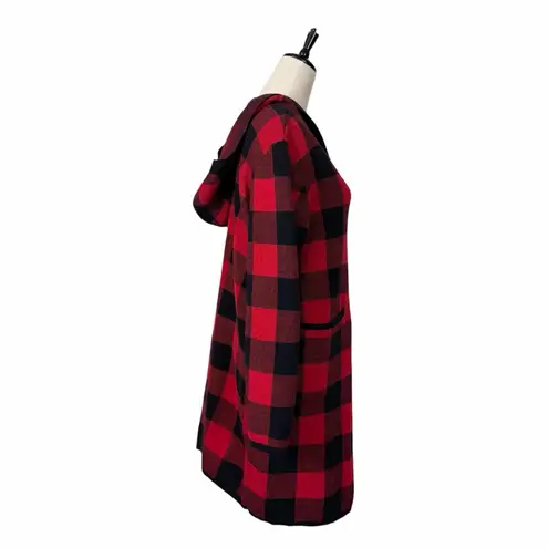 Denim & Co. Women’s Large Petite Red Black Buffalo Plaid Hooded Cardigan Sweater Size undefined