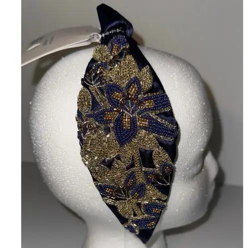 Embellished Beaded Floral Knot Headband – Navy Blue & Gold