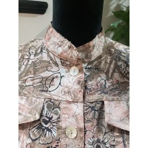 Ruby Rd . Women Beige Brown Floral Rayon Long Sleeve Button Front Jacket Size 8