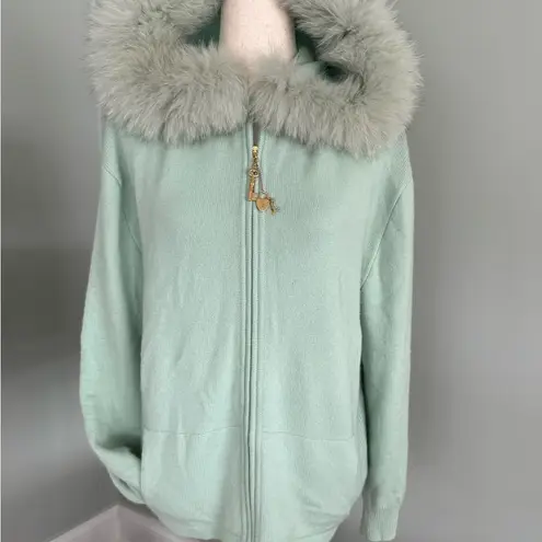 St. John Vintage/Rare Mint Green Cashmere Hooded Cardigan With Fox Fur Trim sz L - Image 6