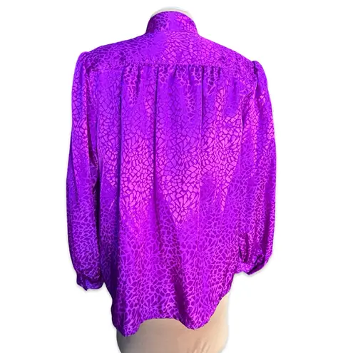 Vintage Purple Jacquard Bow Blouse Abstract Print High Neck Long Sleeve Size 14
