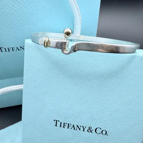 Tiffany & Co. Authentic 925 Silver & 18K Gold Hook Eye Bangle Bracelet Vintage