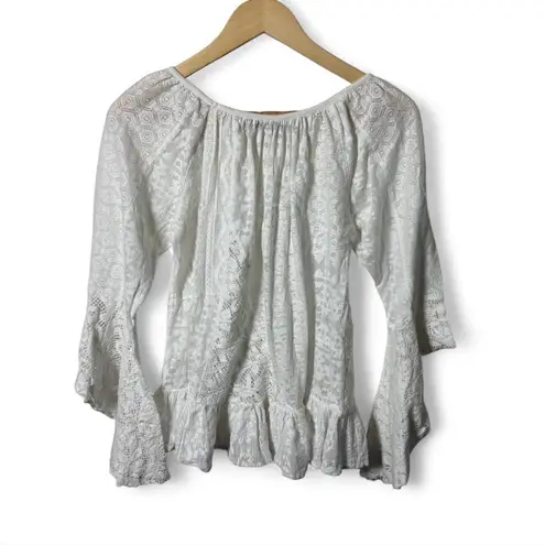 Young Threads White Lace Boho Cottagecore Blouse M Ruffle Bell Sleeves Peasant