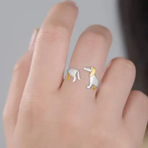 Artisan  Handmade Unique 925 Sterling Silver 14K Gold-plated Dachshund Ring