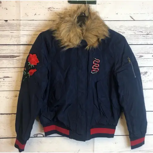 Ultim8 Navy faux fur collar Snake And rose appliqué bomber Jacket Juniors XL Blue