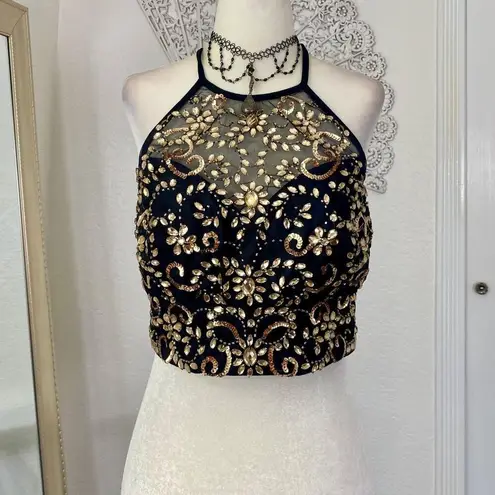 Vintage Whimsygoth Gold Embroidered Celestial Ethereal Crop Halter Top L Black Size L
