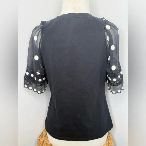 Rebecca Taylor Black Sheer Polka Dot Top Embroidered Jersey Short-Sleeve Shirt