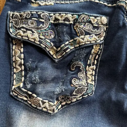 GRACE IN LA Jeans Bootcut Med Wash Bling Flap Pocket Embellished Distressed 28