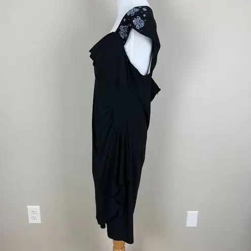 MSK Dress Womens 14 Black Cowl Neck Sheath Draped Waist Beaded Cap Sleeve Knee