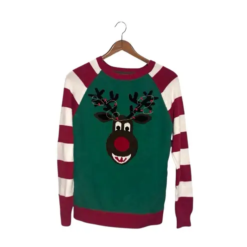 Ugly Christmas Sweater Ugly Christmas Green Red & White Reindeer Crewneck Striped Long Sleeve Sweater