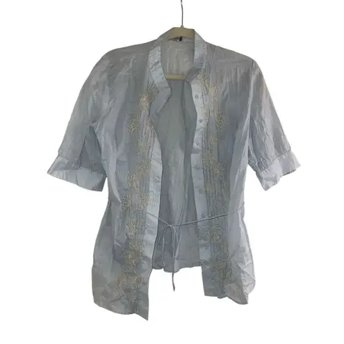 Tahari ✨ Blue & Yellow Embroidered Short Sleeve Button Down Sz Large Blouse✨