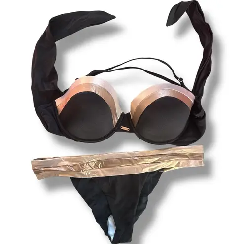 Beach Bunny Set Tequila Sunrise Balconette Bikini Top & Bottoms Black Gold XL