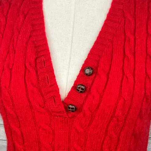 B.I. GEAR Vintage Cable Knit Shetland Wool Sweater Vest Buttoned V Neck Red