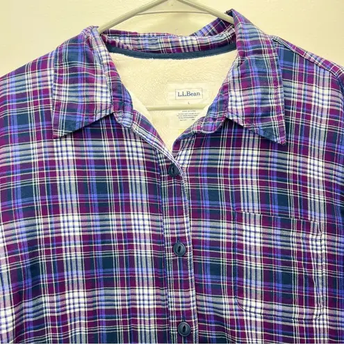 LL Bean Purple Plaid Sherpa Fleece Lined Flannel‎ Shirt Jacket Shacket LARGE