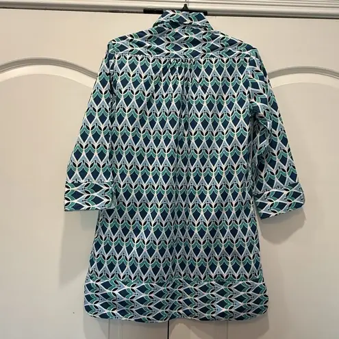NWT Tizzie Blue White Black Teal floral pattern 3/4 Sleeve Top Tunic Dress SMALL