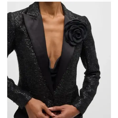 L'Agence Scarlet Black Sequin Cropped Blazer with Rose Pin Size 6