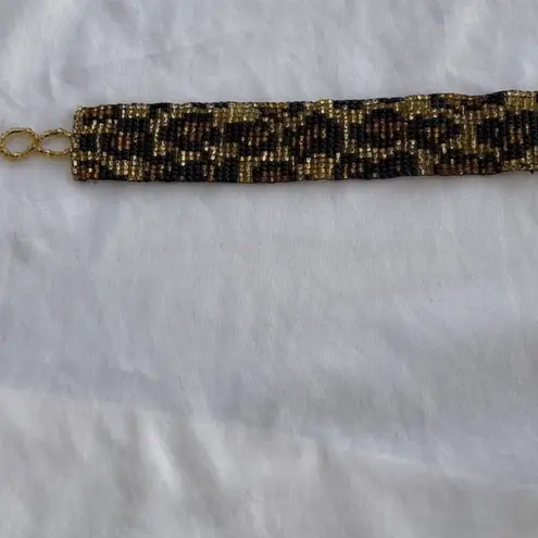 Vintage Beaded Seed Bracelet Leopard Print Women’s 7.5” Western Aztec Brown