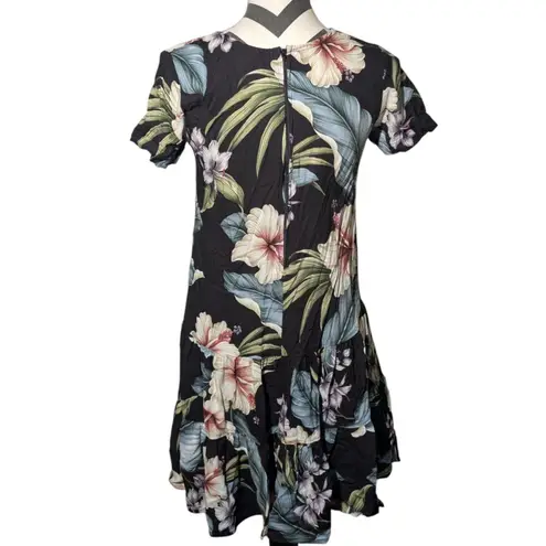 Aloha Hut Hawaii Black Tropical Hibiscus Floral Ruffle Mini Dress Small Rayon