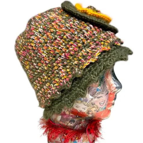 Madison 88 Crochet Flower Hat Madison Multicolor Knit Hat with Vintage Scarf Set Green