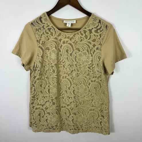Coldwater Creek Top L Tan Lace Overlay Short Sleeve Stretch Blouse Boho Neutral