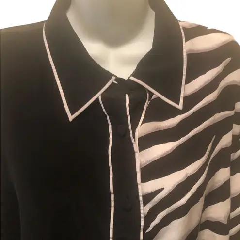 Bob Mackie Wearable Art 100% Silk Blouse M Animal Zebra Print LS Button Up Artsy