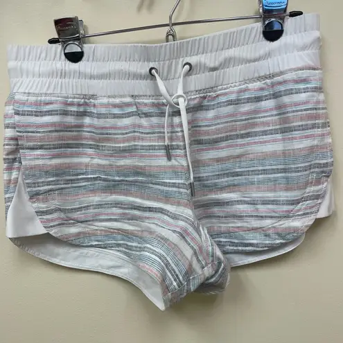 Athleta Cabo Linen Drawstring Striped Linen Drawstring Shortie Shorts