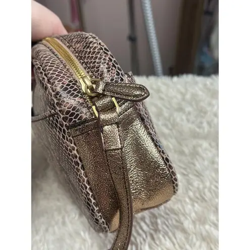 G.I.L.I Snake Embossed Leather Rose Gold Shimmer Crossbody Purse Camera Bag Brown