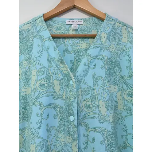 Miss Elaine Essentials Short Sleeve Snap Front Premium Knit Robe PL Teal Paisley Blue Size L