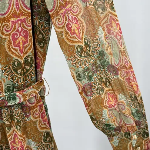 Justin Boots Pink tan maxi wrap Sheath Dress Bishop Sleeves paisley M ruffle