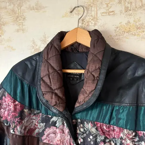 Vintage Pelle black leather floral tapestry patchwork long trench coat jacket M Size M